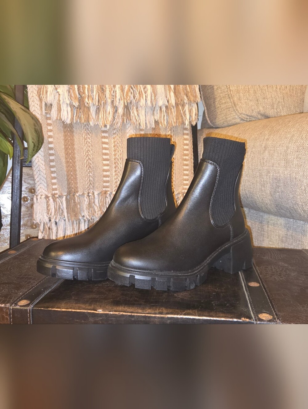Steve Madden Black Knit Sock Chelsea Lug Sole Boots